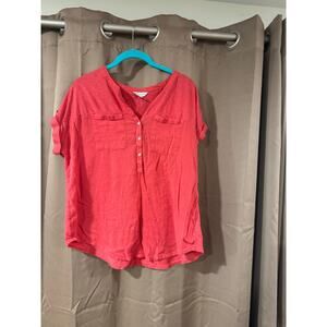 Lucky Brand L Coral Gauze Henley Blouse Short Sleeve Boho Casual Lightweight Top